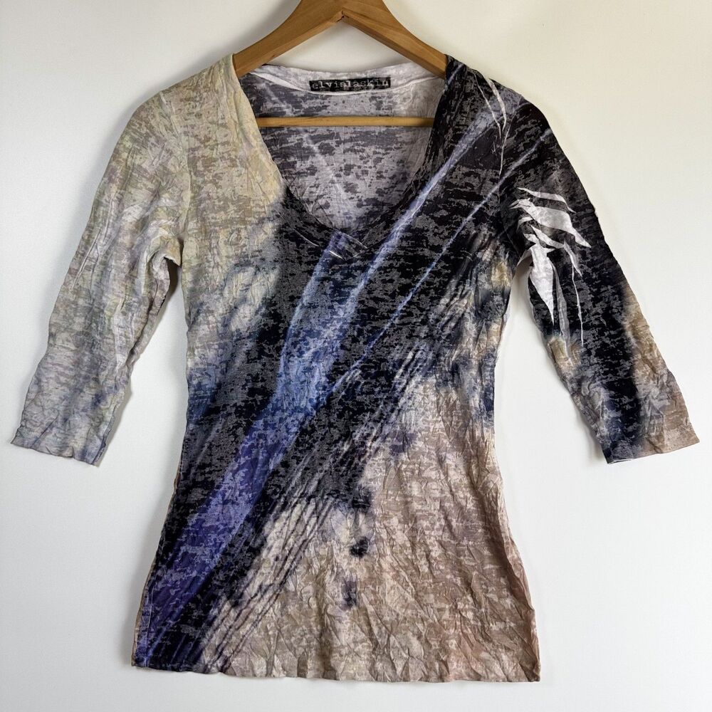 Elvis Laskin Shirt Womens Small Abstract Art Print 3/4 Sleeve Made USA‎ Stretch